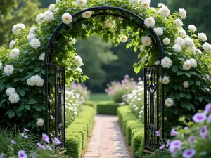 Sacred Garden Arch - Close-up detail of an ornate wrought iron garden arch covered in climbing white roses and morning glories, creating a gateway to a prayer garden, artistic photography