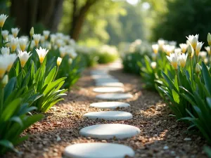 Sacred Grove Path - Close-up of a mulched pathway lined with white stepping stones, flanked by peace lilies and hostas in dappled shade, ethereal atmosphere