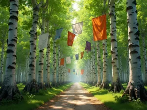 Sacred Tree Grove - Wide-angle view of a small grove of birch trees creating a natural cathedral effect, with prayer flags and wind chimes, dappled sunlight filtering through