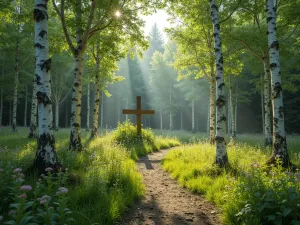 Sacred Grove Retreat - Natural woodland prayer garden featuring a clearing surrounded by white birch trees, with wildflowers and a simple wooden cross as a focal point. Dappled sunlight creates natural spotlights.