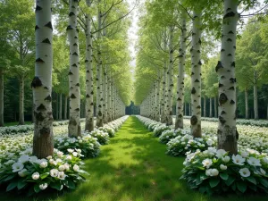 Sacred Grove - Wide shot of a small grove with white birch trees, underplanted with white flowering dogwood and peace lilies