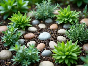 Sacred Herb Garden - Close-up of an herb garden featuring sage, rosemary, and thyme arranged in a mandala pattern with decorative stones