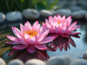 Sacred Lotus Pool - Close-up view of pink lotus flowers floating in a small reflection pool, surrounded by smooth river stones and white pebbles, ethereal lighting