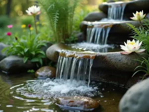 Sacred Water Feature - Close-up view of a natural stone fountain with water gently cascading over smooth rocks, surrounded by peace lilies and ferns, with soft morning mist, architectural photography style