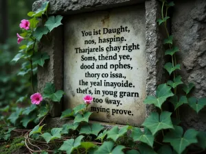 Scripture Garden Wall - Close-up of a weathered stone wall with scripture verses engraved, partially covered in climbing ivy, with bleeding hearts and hostas at its base, moody artistic photography