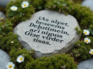 Sacred Scripture Stone - Close-up detail of a natural stone inscribed with a biblical verse, moss-covered edges, surrounded by creeping thyme and small white alyssum flowers