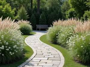 Secluded Prayer Path - Wide-angle view of a curved flagstone path leading to a hidden meditation bench, bordered by tall ornamental grasses and white flowering shrubs