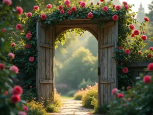 Secret Garden Archway - Close-up view of a weathered wooden archway covered in climbing roses, marking the entrance to a private prayer garden, soft morning light filtering through