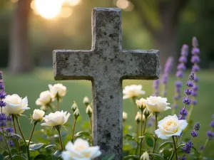 Serene Stone Cross Focal Point - A weathered stone cross as the centerpiece of a prayer garden, surrounded by white roses and lavender, soft morning light filtering through, photographed straight on with shallow depth of field