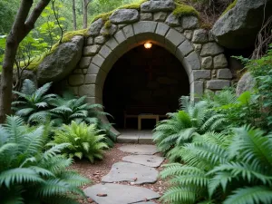 Stone Prayer Grotto - Natural stone grotto creating a secluded prayer space, surrounded by ferns and shade-loving plants, with subtle lighting, photographed from a low angle