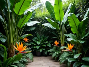 Tropical Prayer Haven - Close-up of dense tropical foliage creating a private garden room, featuring tall banana plants, bird of paradise, and colorful bromeliads