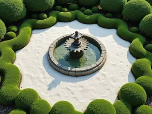 Zen Prayer Circle - Aerial view of a circular garden design with a central stone fountain, surrounded by concentric rings of white sand, moss, and Japanese forest grass