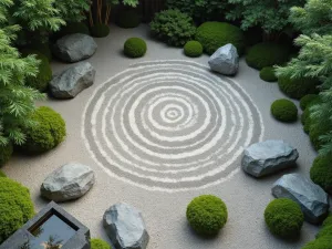 Zen Prayer Garden - Aerial view of a minimalist zen-inspired prayer garden with raked gravel patterns, carefully placed boulders, moss gardens, and a small bamboo water feature.