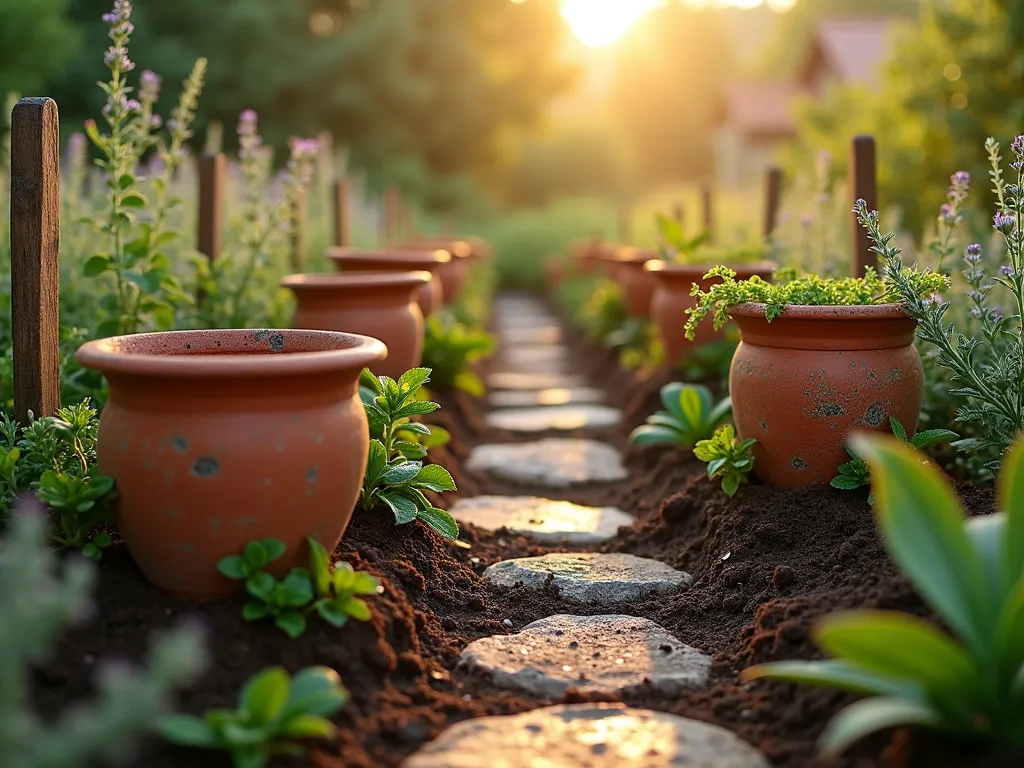 Ancient Clay Pot Irrigation System at Dawn - A close-up view of weathered terracotta clay pots partially buried in rich soil at dawn, captured with morning dew glistening on nearby plants. The pots are artfully arranged in a rustic herb garden, with sage, thyme, and lavender surrounding them. Golden morning light filters through the mist, highlighting the organic textures of the aged clay vessels. Some pots show beautiful patina and moss growth, while delicate tendrils of herbs cascade around their rims. Shot with shallow depth of field focusing on the intricate details of one pot, with others softly blurred in the background. The scene features a natural stone pathway weaving between the pots, with primitive wooden markers and vintage gardening tools adding authenticity. A 16-35mm lens at f/2.8 captures the ethereal morning atmosphere while maintaining sharp detail on the focal point.