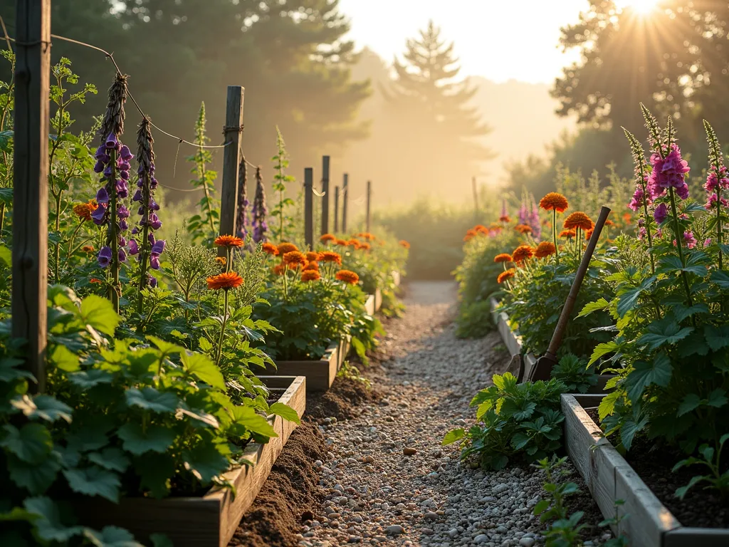 Heritage Garden at Dawn - A misty dawn garden scene featuring neat rows of heritage vegetables and heirloom flowers. In the foreground, weathered wooden stakes support climbing purple-podded heritage peas and traditional scarlet runner beans. The middle ground showcases clusters of ancient varieties of marigolds, cosmos, and foxgloves in full bloom. Raised beds made from reclaimed wooden planks contain Cherokee Purple tomatoes, Long Island Cheese pumpkins, and Blue Hubbard squash. Morning dew glistens on the leaves as golden sunlight filters through, casting long shadows across the garden paths lined with crushed seashells. A rustic wooden seed-saving station with labeled paper envelopes sits at the corner, while traditional garden tools lean against its weather-worn surface. Shot from a slightly elevated angle to capture the geometric pattern of the beds and the organic flow of companion-planted flowers.