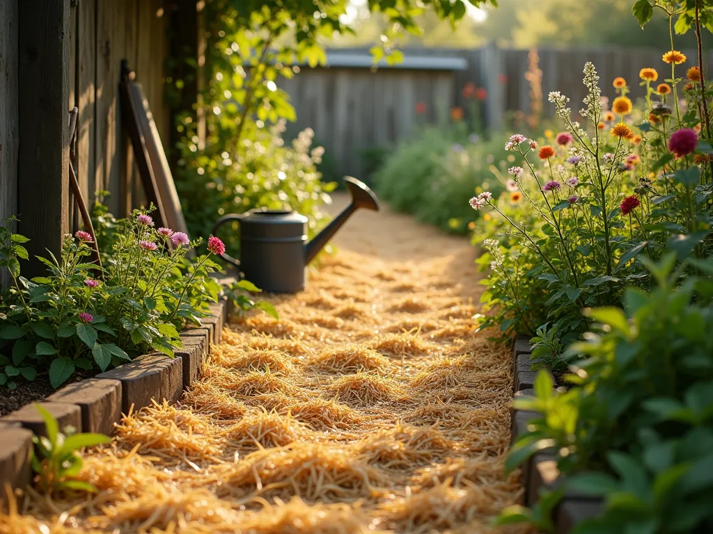 Natural Straw Path Through a Rustic Garden - A peaceful early morning garden scene captured with a wide-angle lens, showing a winding golden straw mulch pathway meandering through a primitive cottage garden. Morning dew glistens on the straw, which is neatly laid in thick, even layers between rustic wooden edging. Wild herbs and heritage flowers spill naturally onto the path edges, while vintage gardening tools lean against a weathered wooden fence in the background. Soft morning light filters through overhead tree branches, creating dappled shadows on the path. The warm golden tones of the straw contrast beautifully with the surrounding greenery, photographed with shallow depth of field to create a dreamy, timeless atmosphere. A vintage watering can sits at the path's edge, adding to the primitive garden aesthetic.