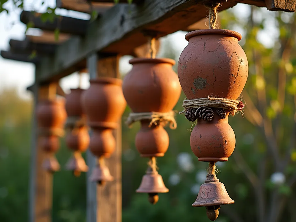 Rustic Terra Cotta Wind Chimes in Garden Setting - A close-up shot of weathered terra cotta clay pot wind chimes hanging from a rustic wooden pergola, captured during golden hour. Multiple sizes of aged clay pots are artfully arranged in tiers, connected by natural twine and decorated with vintage copper bells and pine cones. The wind chimes cast gentle shadows on a backdrop of climbing vintage roses and weathered wood. The composition shows the detailed textures of the crackled terra cotta against the soft-focus background of a primitive cottage garden. Shot with shallow depth of field highlighting the handcrafted details, with warm evening sunlight filtering through the pots creating an ethereal glow. DSLR capture, f/8, ISO 100, 1/125 sec, showcasing the authentic, time-worn patina of the primitive garden element.