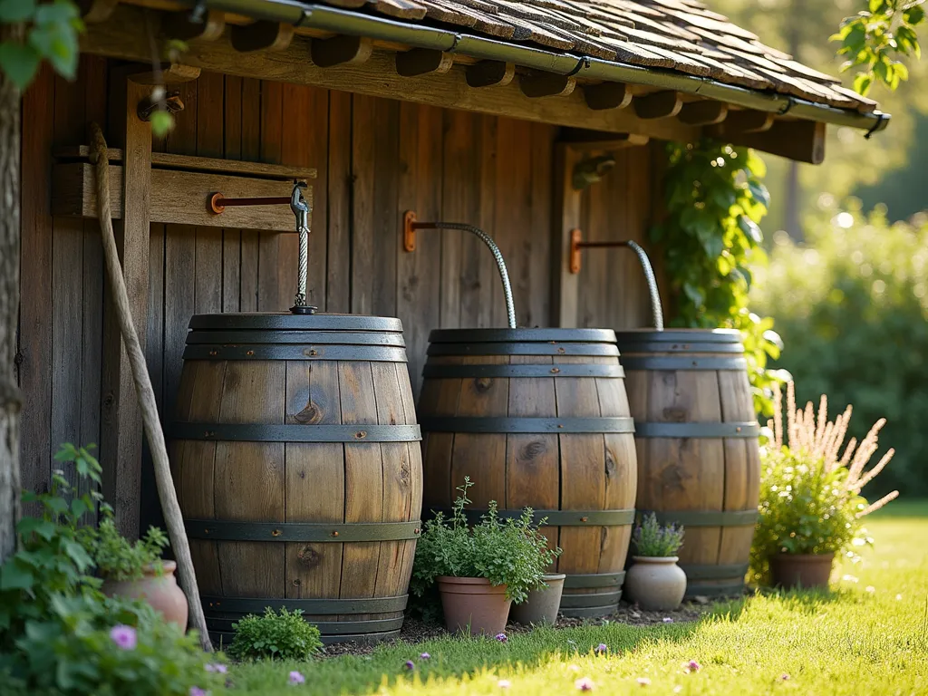 Rustic Rain Barrel Garden Scene - A late afternoon garden scene featuring weathered oak rain barrels nestled against a rustic wooden cabin wall, with aged copper gutters directing rainfall. The barrels are surrounded by traditional cottage garden flowers and climbing vines. A handmade wooden stand elevates one barrel, while primitive rope and pulley systems connect multiple containers. Soft golden sunlight filters through overhead tree branches, casting dappled shadows on the weathered wood. Vintage gardening tools lean against the barrels, and ceramic pots filled with heritage herbs dot the surrounding area. Shot from a three-quarter angle to showcase both the collection system and its garden setting, with shallow depth of field highlighting the textural details of the worn wood and rustic metalwork.