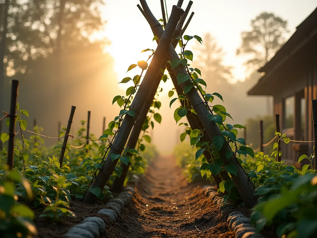 Rustic Bean Pole Teepee at Dawn - A rustic garden scene at dawn featuring a 7-foot-tall primitive teepee structure made from weathered wooden poles bound together at the top, set against a misty morning backdrop. Heritage scarlet runner beans and traditional pole beans climb the structure, their vines intertwining naturally around the rough-hewn poles. The teepee is centered in a well-worn garden bed bordered by natural stone, with dew-kissed soil and straw mulch visible at its base. Soft golden morning light filters through the structure, creating elongated shadows across the garden. Shot with a wide-angle lens from a low perspective to emphasize the teepee's height and rustic grandeur, with selective focus highlighting the natural textures of the wood and climbing vines. DSLR settings: f/8, ISO 100, 1/125 sec.