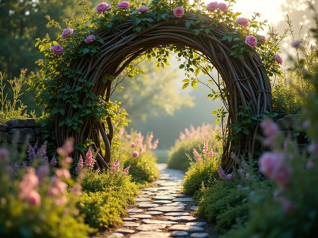 Rustic Branch Garden Archway at Dawn - A wide-angle shot of a rustic garden archway at dawn, crafted from naturally curved tree branches woven together and secured with rough twine. The structure forms an inviting 8-foot tall arch, with morning dew glistening on climbing roses and weathered wood. Morning sunlight filters through the foliage, casting dappled shadows on a winding stone path below. The arch is draped with blooming wisteria and heritage climbing roses, their tendrils gracefully wrapping around the weathered branches. The surrounding cottage garden features wild perennials and herbs in soft focus, creating a dreamy, primitive atmosphere. Photorealistic, high detail, magical morning light.