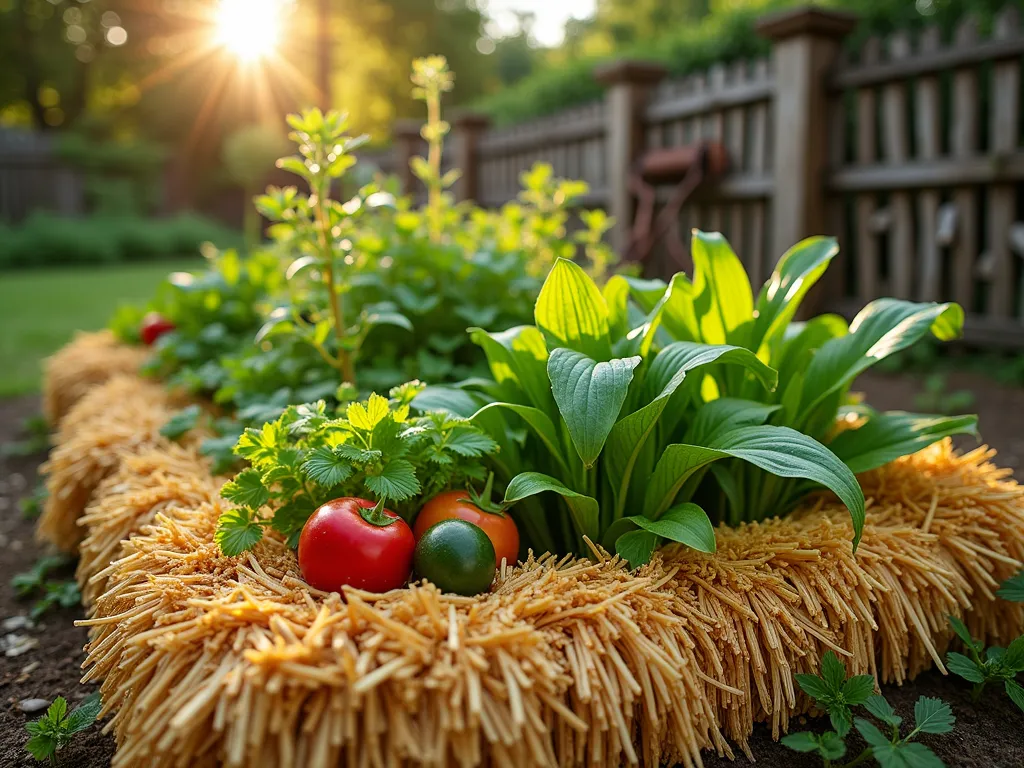 Rustic Garden Bed with Corn Husk Mulch - A close-up shot of a charming primitive garden bed at golden hour, showcasing vibrant heirloom vegetables and herbs emerging from a thick layer of golden corn husk mulch. The corn stalks are artfully arranged around the bed's edges, creating a natural border. Dappled sunlight filters through nearby trees, highlighting the textural contrast between the rustic corn mulch and lush green plants. In the background, a weathered wooden fence and vintage garden tools add to the nostalgic atmosphere. Morning dew glistens on the corn husks, emphasizing their natural, earthy appeal.