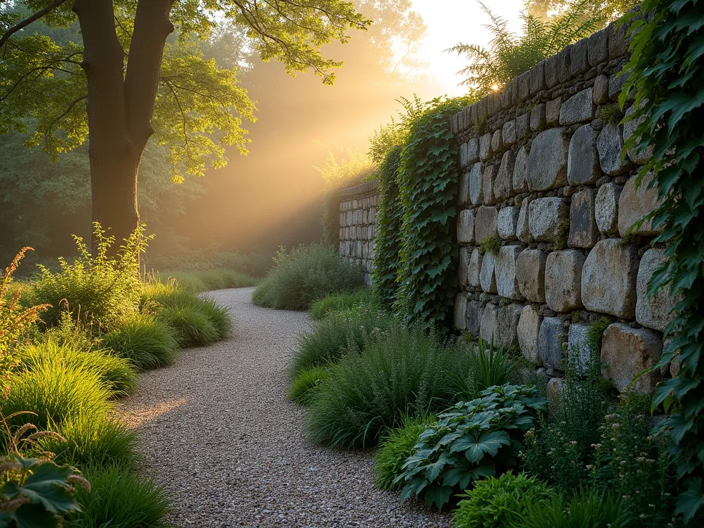 Rustic Dry Stone Wall at Dawn - A DSLR wide-angle photograph of a beautifully weathered dry stone wall winding through a cottage garden at dawn. The wall, built from locally sourced limestone and fieldstone, stands 4 feet tall with varying stone sizes creating a natural, rustic pattern. Morning mist hovers near the ground while golden sunlight catches the dew on native ferns and moss growing between the stones. Small holes and crevices in the wall provide shelter for beneficial insects, while climbing English ivy partially covers sections of the wall. The foreground shows a gravel garden path running parallel to the wall, with wild thyme and sedum sprouting between the stones. Shot at f/8, capturing rich texture and detail in the stone, with atmospheric lighting creating long shadows across the garden landscape. Ancient building technique meets natural garden design in perfect harmony.