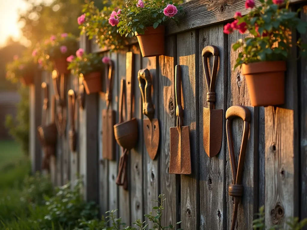 Rustic Garden Tool Display at Sunset - A close-up shot of a weathered wooden fence at golden hour, adorned with an artfully arranged collection of antique garden tools. The display features rusted hand trowels, vintage pruning shears, and primitive hay forks mounted on reclaimed barn wood boards. Climbing roses and vintage terracotta pots frame the display, while warm sunset light casts long shadows across the worn metal surfaces. Shot with shallow depth of field highlighting the textural details of aged wood and oxidized metal. DSLR camera, f/8, ISO 100, 1/125s, natural sunset lighting creating a nostalgic atmosphere.