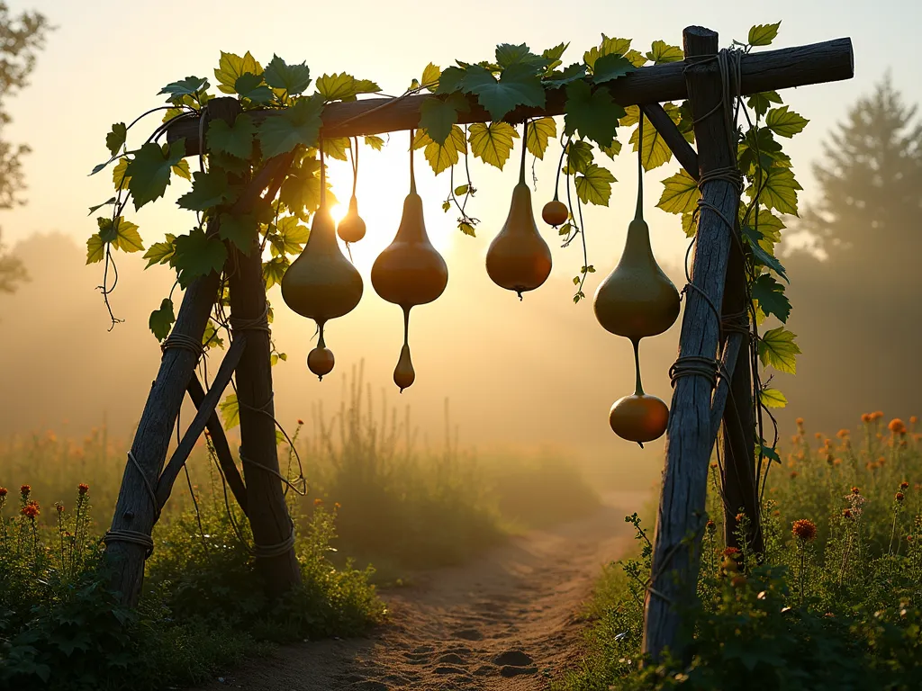 Rustic Gourd Trellis at Dawn - A rustic trellis structure made from weathered wooden branches and natural twine, photographed at dawn with golden sunlight filtering through. The trellis stands 8 feet tall against a misty garden backdrop, with climbing gourd vines weaving through the lattice. Several large, mature gourds hang heavily from the structure, while smaller ones are still developing. The trellis features a primitive A-frame design with cross-hatched supports, casting intricate shadows on the dew-covered garden soil below. Shot with a wide-angle perspective at f/2.8, creating a dreamy bokeh effect with the morning mist and distant wildflowers. The natural textures of the rough branches and handmade knots are emphasized by the warm, directional light.