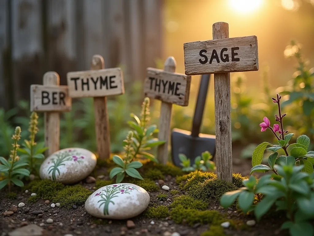 Rustic Hand-Carved Garden Markers at Dawn - Close-up DSLR photograph of weathered hand-carved wooden garden markers in a rustic herb garden at dawn. Multiple wooden stakes with hand-carved lettering identifying herbs like 'SAGE' and 'THYME' stand among aromatic plants. Painted river stones with simple botanical illustrations rest nearby. Golden morning light filters through morning mist, creating a romantic primitive garden atmosphere. Natural wood grain texture visible on the stakes, with moss growing at their bases. Vintage garden tools and a weathered wooden fence visible in the soft-focused background. Shot with shallow depth of field highlighting the authentic handmade craftsmanship.