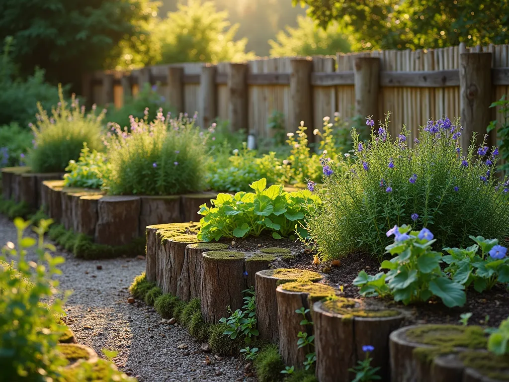 Rustic Log-Edged Garden Beds at Sunset - A serene garden scene at golden hour, featuring raised beds bordered by weathered cedar logs in varying states of natural decay. The beds are artfully arranged in a terraced formation, filled with heirloom vegetables and cottage flowers. Natural moss grows on the logs' surfaces, while morning glory vines delicately climb the rougher bark sections. A rustic wooden fence provides a backdrop, with dappled evening sunlight casting long shadows across the garden. The raised beds are constructed with logs of different diameters, creating an organic, primitive aesthetic. A narrow gravel path winds between the beds, with thyme spilling over the log edges. Shot from a medium-low angle to emphasize the natural architecture of the log construction, photorealistic style, f/2.8, soft golden lighting.