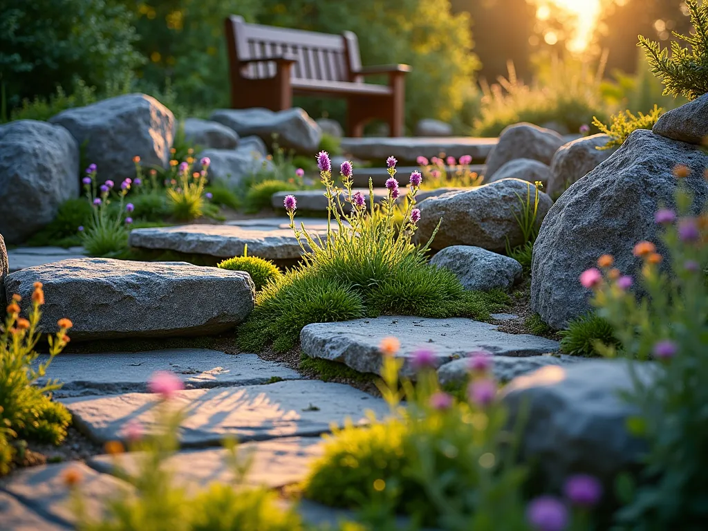 Rustic Mountain-Inspired Rock Garden - A serene natural rock garden at golden hour, photographed with a wide-angle lens capturing the gentle slope of arranged weathered granite and limestone boulders. Native purple coneflowers, yarrow, and creeping thyme emerge between strategically placed rocks, creating a wild mountain landscape aesthetic. Morning dew glistens on the plants while soft sunlight casts long shadows across the naturally terraced garden. Moss-covered stones add age and authenticity, while a rustic wooden bench in the background provides scale. The composition shows both the overall design and intimate details of the rock placement, captured with professional DSLR settings f/8, ISO 100, 1/125 sec in warm evening light.