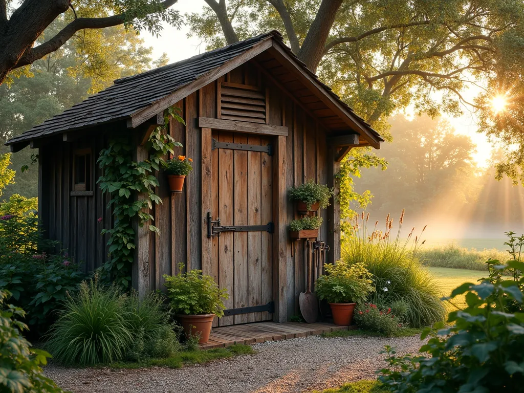 Rustic Primitive Garden Shed at Dawn - A weathered wooden garden shed photographed at dawn with golden morning light filtering through surrounding oak trees. The shed features rough-sawn timber walls, a cedar shake roof, and handcrafted wooden door with primitive iron hinges. Natural gaps between boards create organic ventilation patterns. Wild climbing roses and vintage garden tools adorn the facade. Captured with a wide-angle lens creating depth, showing the shed nestled within a cottage garden setting with gravel pathways and heirloom vegetables nearby. Soft morning mist adds atmosphere while highlighting authentic primitive construction details. Shot at f/2.8 to create dreamy bokeh effect in background foliage. Photorealistic, highly detailed.