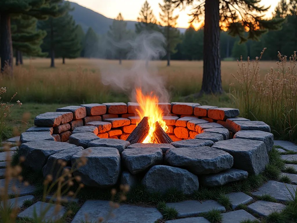 Rustic Stone Fire Pit at Dusk - A DSLR wide-angle shot of a circular primitive fire pit crafted from weathered field stones, captured at dusk with a warm fire glowing inside. Rough-hewn log benches encircle the pit, creating an intimate gathering space. Native wildflowers and tall grasses sway in the background, while pine trees frame the scene. Golden hour lighting casts long shadows across the natural stone patio, with smoke wisping upward into the twilight sky. The fire pit's rugged stones show varying shades of gray and earth tones, with moss patches adding character. Shot at f/8, capturing rich detail in both the stones and surrounding landscape, with the fire providing natural illumination. Hyperrealistic, photographic quality, 8K resolution.