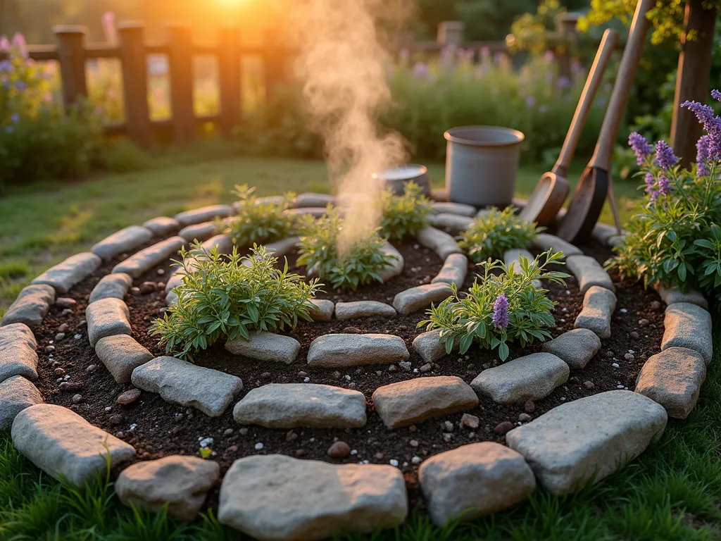 Rustic Stone Herb Spiral Garden - A magical sunset photo of a traditional herb spiral garden, shot at golden hour with warm sunlight casting long shadows. The spiral rises 3 feet high, expertly crafted from weathered field stones in varying earth tones. Mediterranean herbs cascade down the levels, with lavender and sage spilling over the edges. Dark rich soil contrasts beautifully with the rugged stones. Shot from a low angle at f/2.8 to create dreamy bokeh, highlighting the natural textures of the stones and the delicate herb foliage. Subtle smoke from nearby wood fires adds atmosphere while rustic wooden garden tools lean against the structure. The background shows a quaint cottage garden softly blurred with wildflowers and primitive fencing. Photographed with a 16-35mm wide-angle lens to capture the full spiral pattern while maintaining intimate detail.