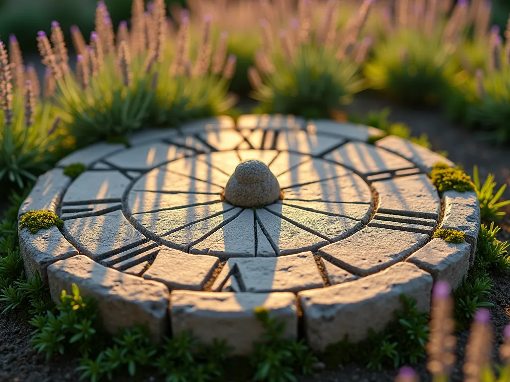 Rustic Stone Sundial Garden Feature - A close-up shot during golden hour of a handcrafted stone sundial surrounded by a circular bed of fragrant thyme, sage, and lavender. The sundial, made from weathered flat stones with carved Roman numerals, casts long shadows across the textured surface. Ancient-looking moss patches add character to the stones, while the low-growing herbs create a soft, natural border. Captured with shallow depth of field highlighting the sundial's primitive craftsmanship against the blurred herbs in the background. Natural sunlight emphasizes the rustic texture of the stones and creates a warm, nostalgic atmosphere.