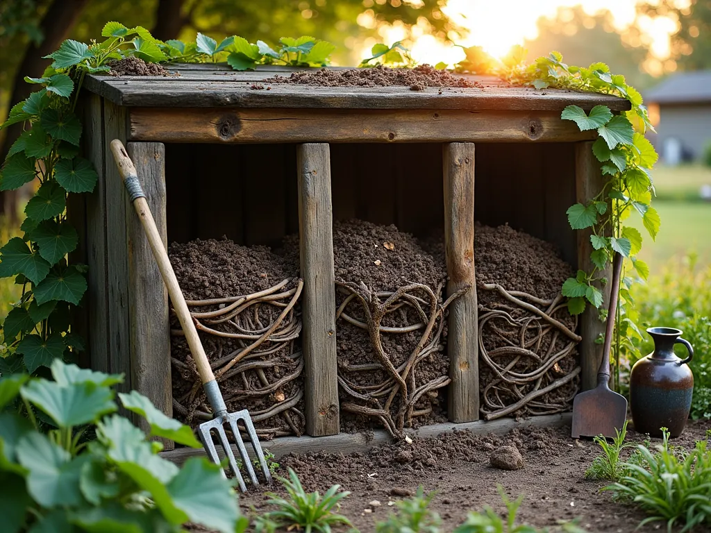 Rustic Three-Bin Composting System - A rustic three-bin composting system in a serene garden setting at golden hour, photographed at f/8 with natural lighting. The structure features weathered rough-cut lumber and intricately woven branches creating three distinct compartments. Rich, dark compost visible in various stages of decomposition. Surrounded by heritage vegetables and climbing vines, with morning glory trailing up the sides. Wooden pitchfork leaning against the structure, and vintage gardening tools carefully arranged nearby. Dappled sunlight filtering through overhead tree canopy, creating atmospheric shadows on the weathered wood. Shot from a three-quarter angle to showcase the primitive craftsmanship and natural integration into the garden landscape.