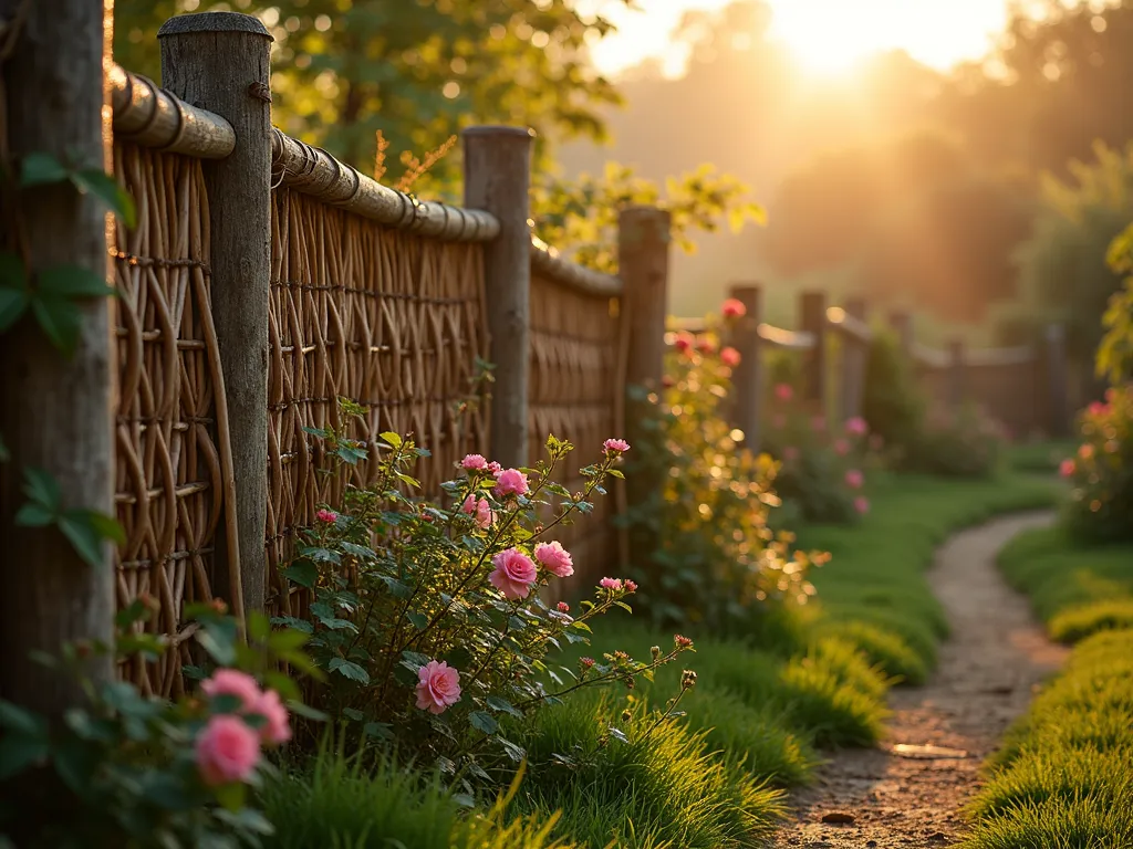 Rustic Wattle Garden Fence at Dawn - A serene early morning garden scene featuring a beautifully crafted traditional wattle fence, photographed with golden sunrise light filtering through. The fence, made from intricately woven young willow branches between sturdy oak posts, curves gently through the garden. Morning dew glistens on the natural wood texture, while climbing roses and wild clematis begin to intertwine with the weaving. Shot with a wide-angle perspective to showcase the fence's natural flow through the landscape, with dramatic shadows cast by the low morning sun highlighting the intricate basketweave pattern. The background features a soft-focus cottage garden with heritage plants and a misty atmosphere, creating a timeless, primitive atmosphere. Captured with a 16-35mm lens at f/2.8, ISO 400, emphasizing the rich textures and warm golden light.