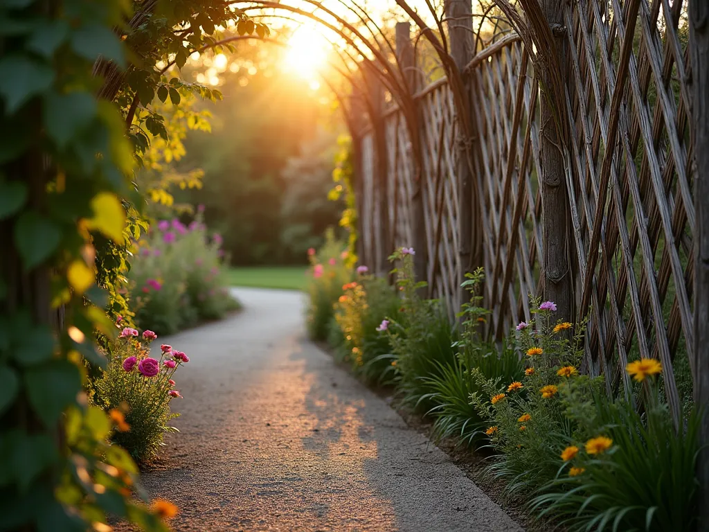 Rustic Woven Willow Garden Screen - A golden-hour photograph of an enchanting garden pathway bordered by tall, intricately woven willow screens. The natural privacy screens feature diamond-pattern weaving with living willow shoots emerging from the top, creating a magical interplay of light and shadow. The screens are weathered to a silvery-gray patina, complemented by climbing roses and native grasses at their base. Shot with shallow depth of field focusing on the detailed willow weaving pattern, with the setting sun casting long shadows through the screens onto a rustic gravel path. The background features soft-focused cottage garden plantings in muted greens and purples.