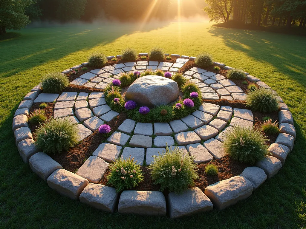 Sacred Medicine Wheel Garden at Dawn - A circular stone medicine wheel garden photographed at dawn, with golden morning light casting long shadows across the sacred space. The 6-foot diameter wheel is divided into four quadrants by natural stone pathways aligned with cardinal directions. Each section bursts with native medicinal plants - purple echinacea, sage, sweetgrass, and tobacco arranged in traditional patterns. The outer ring is defined by smooth river rocks, while the center features a striking granite boulder. Morning dew glistens on the plants while wispy fog hovers just above ground level. Shot from a 45-degree elevated angle to capture the complete geometric pattern and spiritual symmetry of the medicine wheel design. Photographed with a DSLR camera, wide-angle lens, f/8, ISO 100, 1/125 sec in natural dawn lighting.