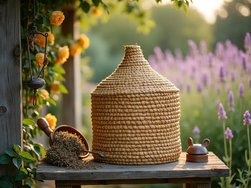 Traditional Bee Skep Garden Display - A close-up shot of a rustic handwoven bee skep made from golden wheat straw, positioned on a weathered wooden stand against a backdrop of blooming lavender and wildflowers in a cottage garden. Early morning sunlight filters through the scene, creating a warm, nostalgic atmosphere with gentle bokeh effects. Small vintage gardening tools and dried herbs hang nearby, while climbing roses frame the composition. Shot with a digital camera using a 16-35mm lens at f/2.8, ISO 400, capturing the intricate weaving patterns and textural details of the traditional beekeeping artifact.