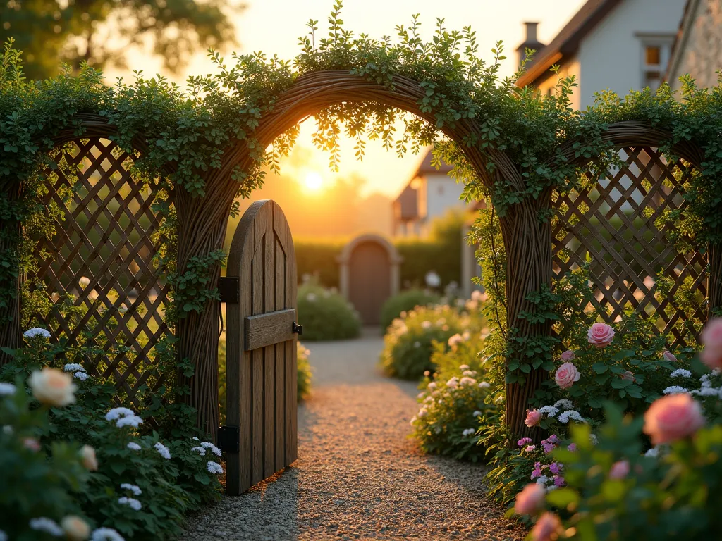 Traditional Living Willow Garden Fence - A magical sunset scene featuring a curved living willow fence in a cottage garden setting, expertly woven in a traditional lattice pattern. The 6-foot-tall living fence displays fresh spring growth with delicate green leaves catching the golden evening light. Young willow branches are artfully twisted and intertwined, creating diamond-shaped patterns. Native wildflowers and herbs grow at its base, while climbing roses begin to intermingle with the structure. The natural fence casts intricate shadows on a rustic gravel pathway, with a vintage wooden gate seamlessly incorporated into the design. Soft bokeh effect in the background shows glimpses of an English cottage garden. Photorealistic, high detail, warm evening lighting.