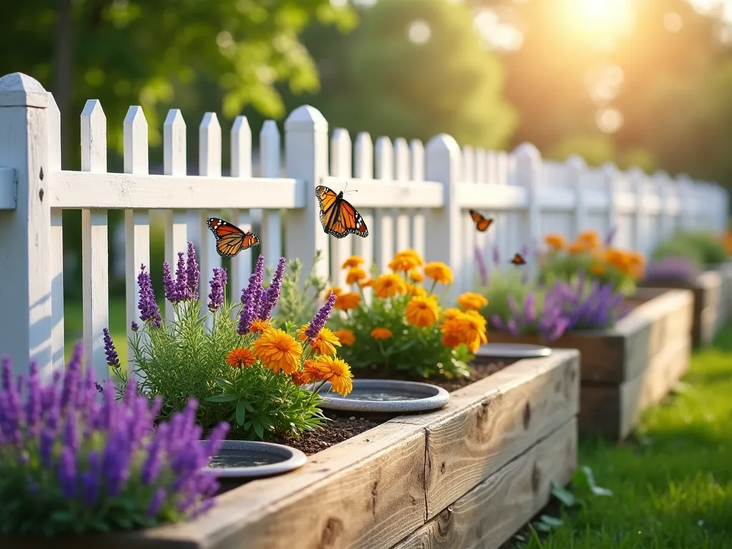 Butterfly Haven Raised Garden - A sunny photograph of an elevated wooden raised garden bed along a white fence, filled with colorful butterfly-attracting flowers including purple coneflowers, bright orange butterfly weed, and lavender. Small shallow stone dishes filled with water serve as butterfly puddling stations. Natural wooden posts with cross beams provide perches for butterflies. Several Monarch and Swallowtail butterflies flutter around the blooming flowers. Soft morning light creates a dreamy atmosphere, with bokeh effect in background. Photorealistic style.