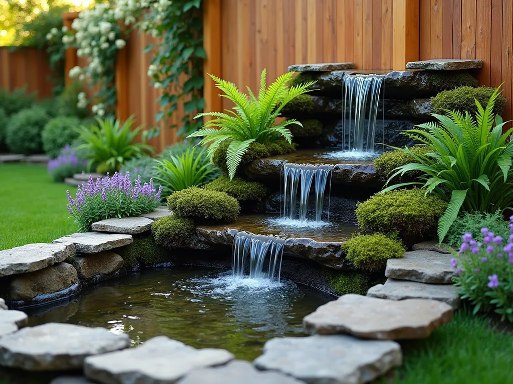 Cascading Waterfall Raised Garden Bed - A stunning raised garden bed along a wooden fence line featuring a natural stone waterfall cascading down multiple levels. The waterfall flows through moss-covered rocks into a small collection pool surrounded by lush ferns, Japanese forest grass, and purple coral bells. Natural flagstone borders frame the raised bed, while climbing jasmine vines weave through the fence backdrop. The scene is captured during golden hour, with soft sunlight filtering through, creating a serene and peaceful garden atmosphere. Water droplets sparkle as they fall, and a small bird perches near the water's edge.