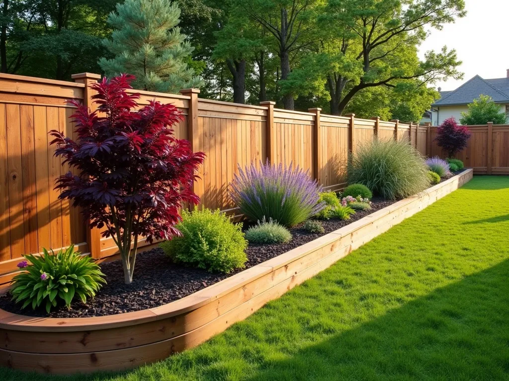 Elegant Circular End Cap Garden Design - A beautiful raised garden bed along a wooden fence line, featuring circular end caps. The main bed is linear and made of natural cedar wood, extending 8 feet along the fence. The circular end caps are 4 feet in diameter, creating perfect rounded focal points. The left circle showcases a stunning purple Japanese maple as a specimen plant, while the right circle contains a Mediterranean herb spiral with lavender, sage, and thyme cascading in a spiral pattern. The beds are filled with rich, dark soil and mulched with cedar chips. Soft ornamental grasses and trailing flowers spill over the edges, creating a harmonious blend of structured and natural elements. Shot during golden hour with soft natural lighting.