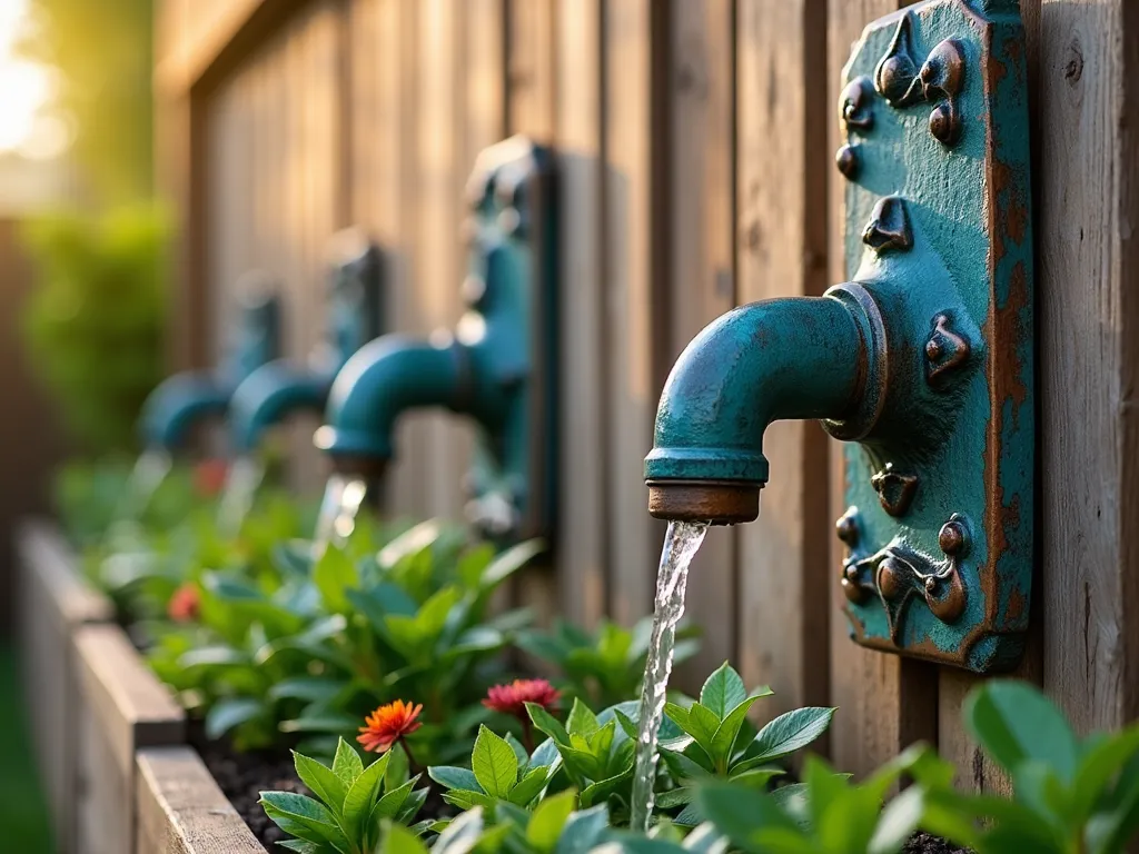 Copper Pipe Irrigation System in Raised Garden - A close-up view of an elegant raised garden bed against a wooden fence, featuring decorative copper pipes with a stunning blue-green patina. The pipes are artistically arranged in geometric patterns along the fence, with small water outlets gracefully dripping into the garden bed below. The garden bed is filled with lush greenery and flowering plants, while the late afternoon sunlight catches the metallic sheen of the copper pipes, creating a warm, artistic glow. The weathered copper contrasts beautifully with the natural wood fence and verdant plants, shot in photographic style with shallow depth of field.