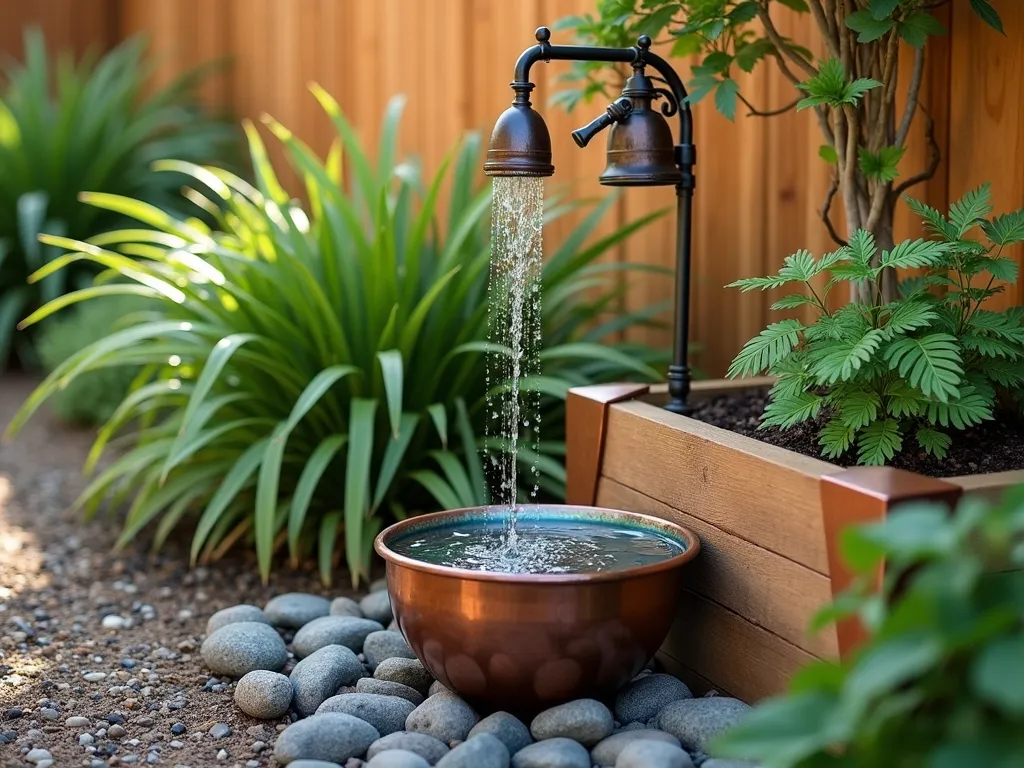 Copper Rain Chain Garden Integration - A serene garden scene featuring an elegant copper rain chain cascading from a wooden fence into a raised garden bed. The rain chain consists of decorative cups and bells that guide water down into a beautiful weathered copper catch basin integrated into the corner of a cedar raised bed. The bed is filled with lush, moisture-loving plants like Japanese forest grass, hostas, and ferns. Soft afternoon sunlight filters through the water droplets, creating a magical sparkle effect. The raised bed is constructed from natural cedar boards with copper corner accents that complement the rain chain. Stone mulch surrounds the base of the rain chain, creating an artistic water dispersion pattern.