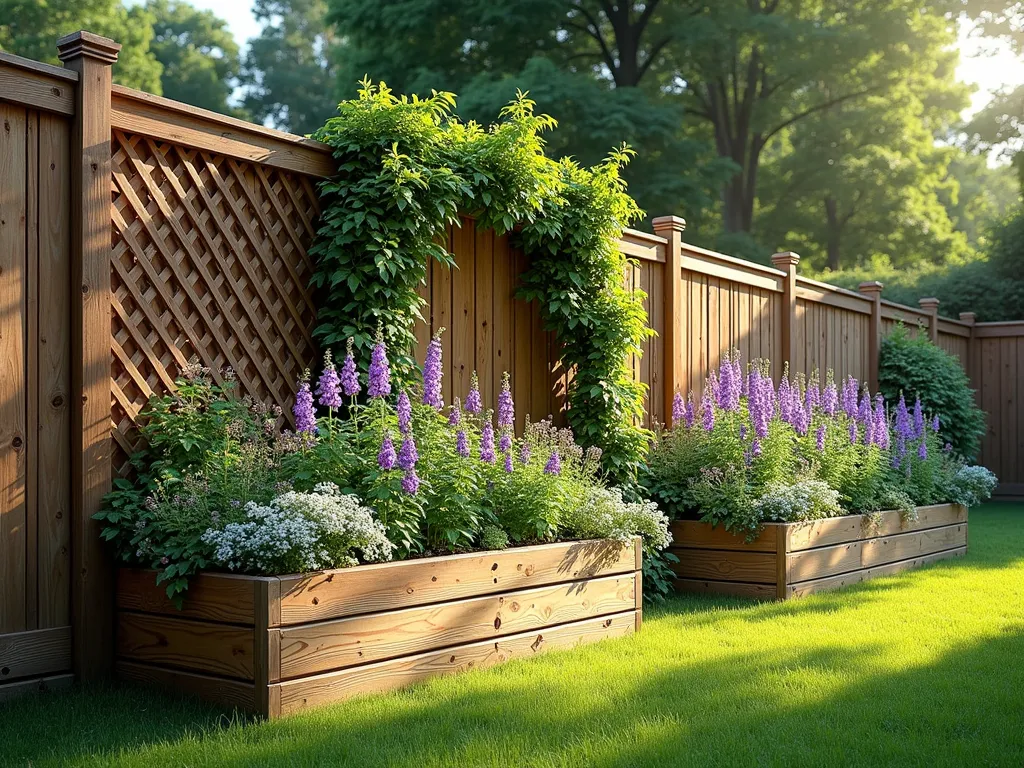 Elevated Garden Privacy Screen with Climbing Vines - A picturesque raised garden bed along a wooden fence, featuring an elegant cedar lattice privacy screen extension rising 3 feet above the fence line. The raised bed, made of weathered cedar planks, showcases cascading purple clematis and emerald climbing jasmine intertwining through the lattice work. Morning light filters through the foliage, creating dappled shadows on the natural wood. The bed is filled with layers of flowering plants, including tall delphiniums and foxgloves in the back, creating a lush, enchanting vertical garden that seamlessly blends privacy with natural beauty. Photorealistic garden photography style.