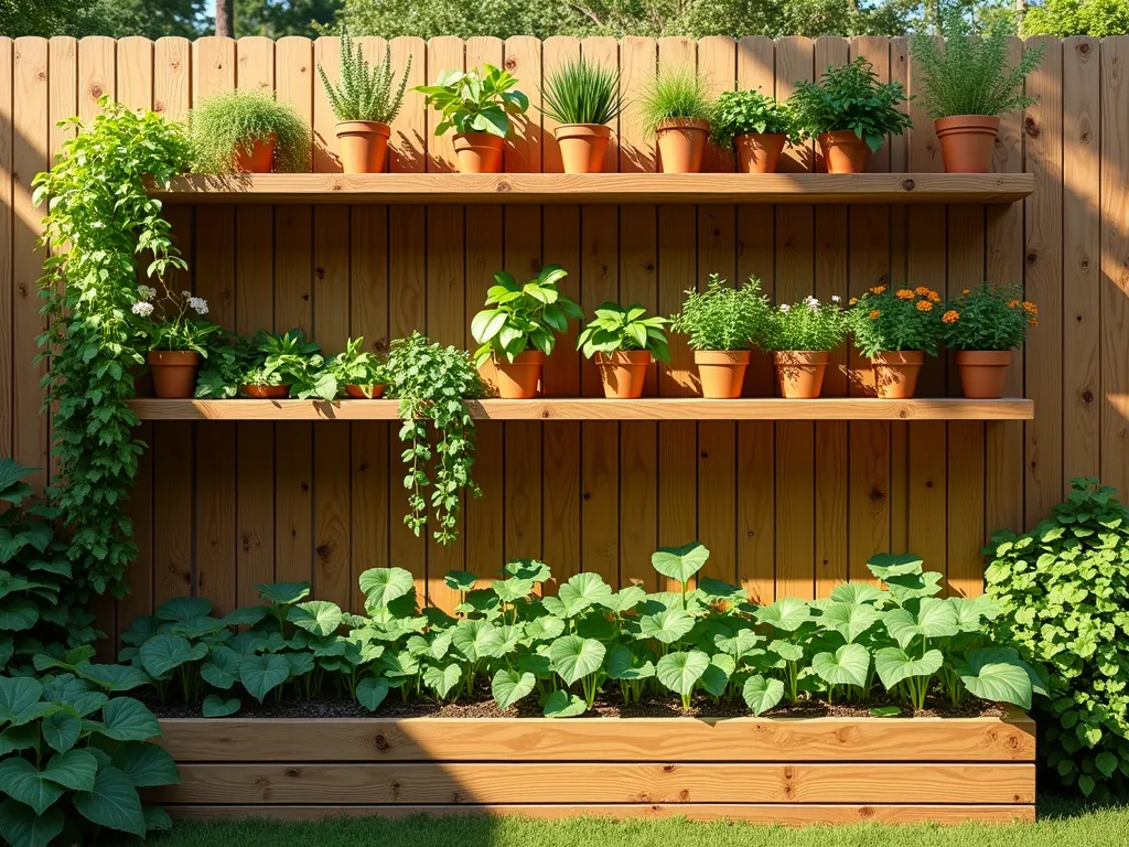 Floating Garden Shelf System Along Fence - A sunlit garden scene featuring a wooden raised bed against a cedar fence, with modern floating wooden shelves mounted above. The shelves showcase cascading pothos, trailing ivy, and compact herb plants in terracotta pots. Natural afternoon light filters through, creating soft shadows. The raised bed below contains thriving vegetables and flowers, while the floating shelves create an elegant vertical garden effect. The composition is architectural yet organic, with multiple layers of greenery creating a lush, dimensional garden space. Photorealistic, high detail, warm natural lighting.