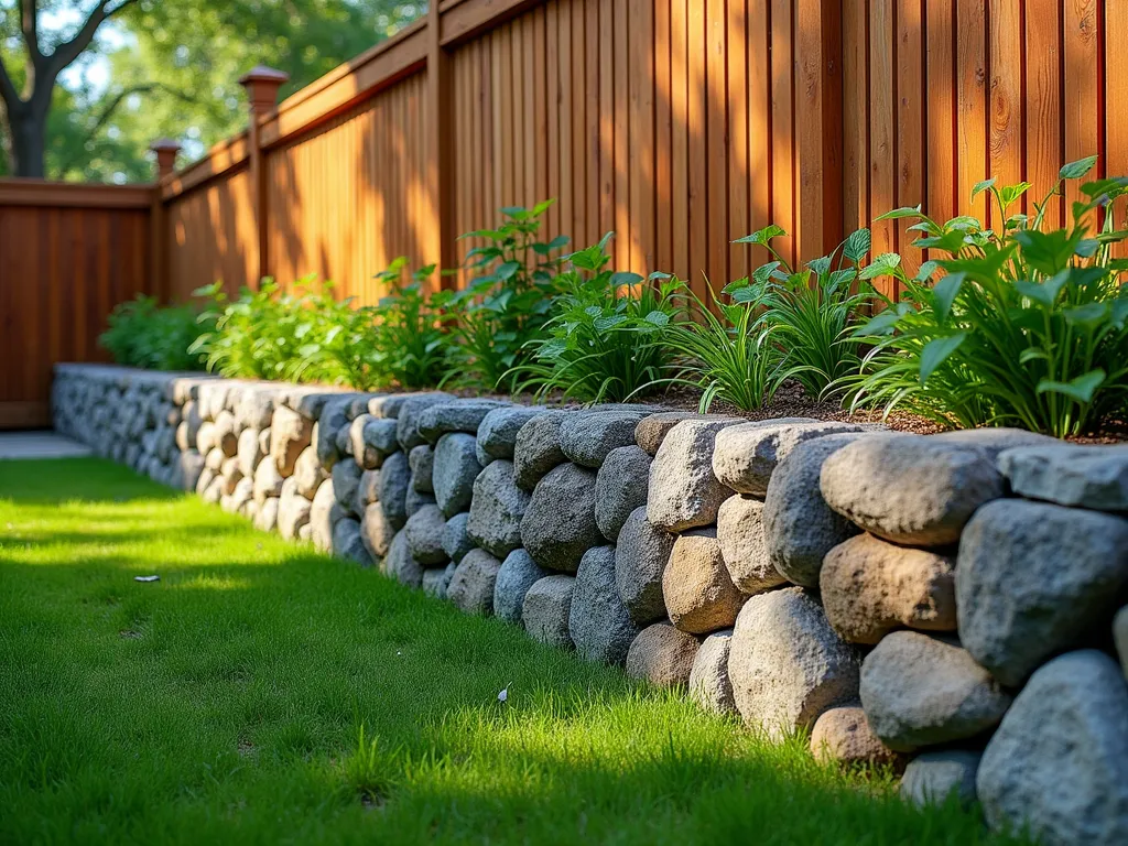 Gabion Wall Raised Garden with Stone Feature - A beautifully designed raised garden bed along a wooden fence, constructed with industrial-style wire mesh gabion walls filled with mixed-size river rocks and decorative stones in warm gray and earth tones. The gabion wall is approximately 3 feet tall, creating a modern architectural element with natural textures. Lush green plants cascade over the edges, creating a striking contrast against the structured stone walls. Sunlight casts intricate shadows through the wire mesh onto the stones, creating a dynamic visual effect. Photorealistic, high detail, soft natural lighting, architectural photography style.