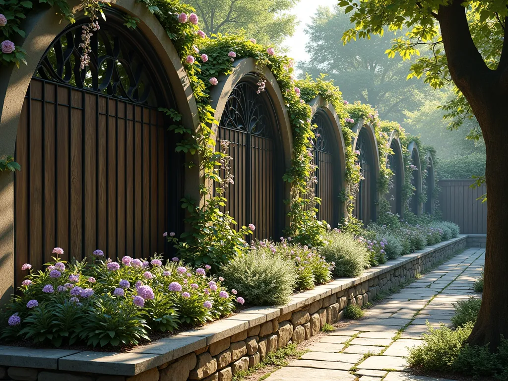 Gothic Arch Garden Trellis with Climbing Roses - A stunning elevated garden bed along a wooden fence, featuring elegant black metal gothic-style arches as trellises. The arches are adorned with climbing roses and wisteria in full bloom, creating a romantic medieval-inspired living wall. The raised bed below is constructed of weathered stone, filled with a mix of purple and white flowers. Early morning sunlight filters through the arches, casting intricate shadows on the garden path. Photorealistic, architectural photography style, f/8, soft natural lighting.